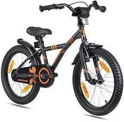 Produktbild: PROMETHEUS BICYCLES Kinderfahrrad 18 Zoll Jungen ab 6 Jahre - Kinder Fahrrad 18 Zoll Junge Mädchen Fahrrad Kinder mit Rücktrittbremse Fahrradständer in Schwarz Matt Orange