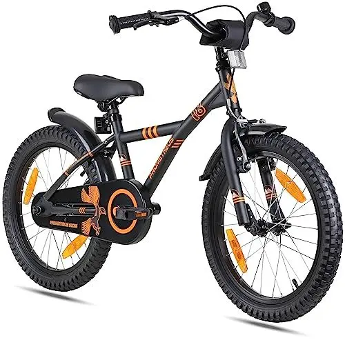 Produktbild: PROMETHEUS BICYCLES Kinderfahrrad 18 Zoll Jungen ab 6 Jahre - Kinder Fahrrad 18 Zoll Junge Mädchen Fahrrad Kinder mit Rücktrittbremse Fahrradständer in Schwarz Matt Orange