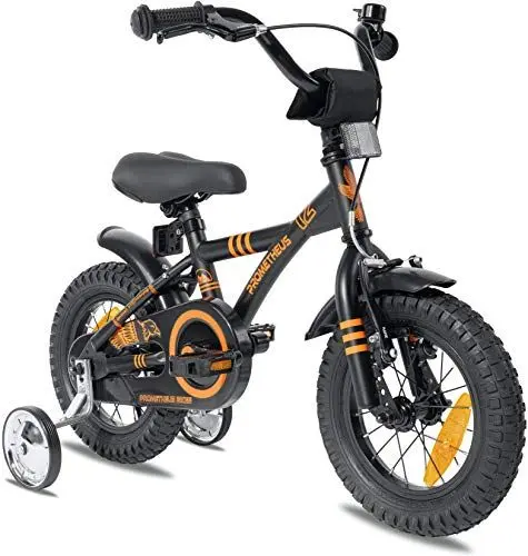 Produktbild: PROMETHEUS BICYCLES Kinderfahrrad ab 3 Jahren - 12 Zoll Kinder Fahrrad Mädchen Jungen Fahrrad Kinder mit Stützräder Rücktrittbremse in Schwarz Matt Orange