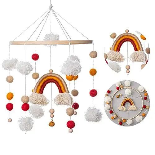 Produktbild: Promise Babe Mobile Baby Regenbogen Holz mit Filzbälle Babyzimmer Bettglocke Gehäkelt Filz Rot Windspiel Neugeboren Jungen Mädchen Anhänger Babybett Wickeltisch Deko Rainbow Bed Bell
