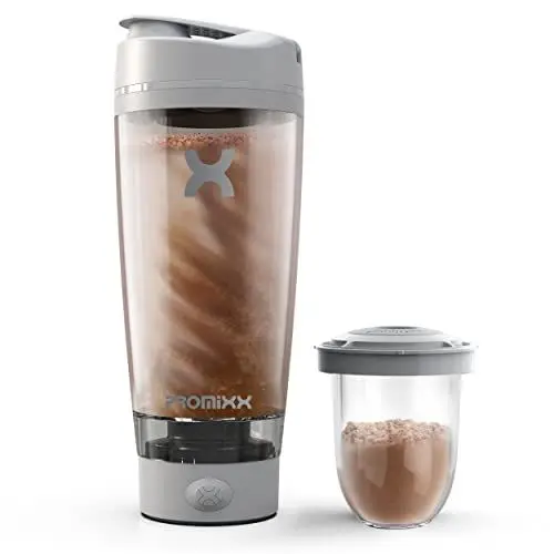Produktbild: Promixx Pro Shaker Bottle – nachfüllbar, leistungsstark für glatte Protein-Shakes – inkl. zusätzlicher Lagerung – BPA-frei, Becher 600 ml (Cool Grey)