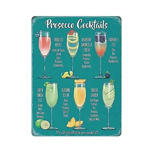 Produktbild: Prosecco-Cocktail-Blechschild, Metallschild, Kunst zum Aufhängen, Eisen, Malerei, Retro, Zuhause, Küche, Garten, Garage, Wanddekoration, 16 x 12 Zoll.