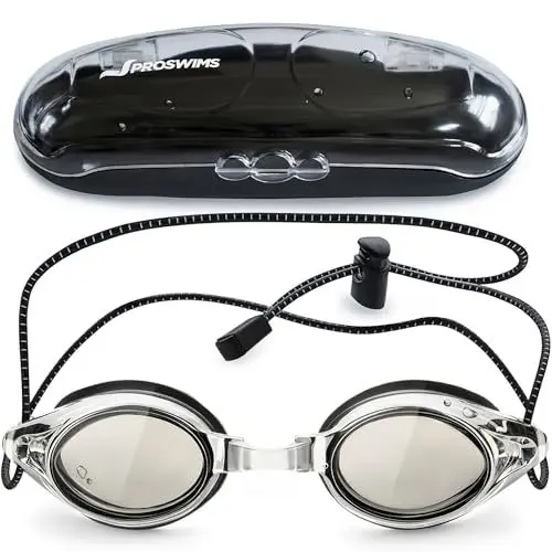 Produktbild: Proswims Schwimmbrille mit Antibeschlag-Beschichtung, graue Gläser mit schnell verstellbarem elastischem Bungee-Riemen, Hartschalentasche und Mikrofaser-Reinigungstuch Grau