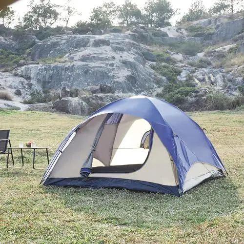Produktbild: pro.tec Campingzelt Bergeijk Kuppelzelt Outdoorzelt Familienzelt wasserdicht & Winddicht leichtes Zelt mit Abnehmbarer Außenplane 213x213x130cm Blau/Beige