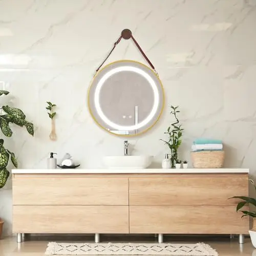 Produktbild: pro.tec LED-Badspiegel Picerno Wandspiegel mit Beleuchtung Warmweiß Neutral Kaltweiß runder Lichtspiegel Ø70cm mit Aufhänge-Gurt Touch, Antibeschlag, Memory-Funktion dimmbar Gold