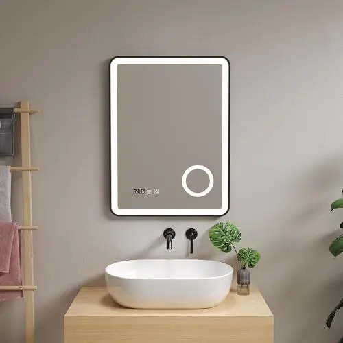 Produktbild: pro.tec LED Badspiegel Pescara Schminkspiegel mit Beleuchtung 3 Lichtfarben vertikal Wandspiegel für Badezimmer rechteckig 50 x 70 cm Schwarz beschlagfrei Lichtspiegel mit Lupe Uhranzeige