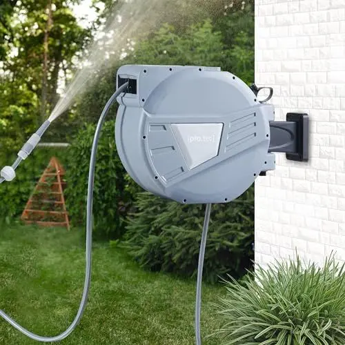 Produktbild: pro.tec Schlauchtrommel Amersfoort 10m + 1m Gartenschlauch Trommel Wand Schlauchaufroller Automatik flexibel Wasserschlauch Wandtrommel Grau