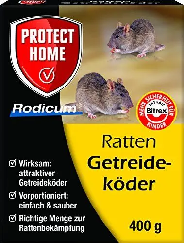 Produktbild: PROTECT HOME Rodicum Ratten Getreideköder, praktische, auslegefertige Portionsbeutel mit zuverlässiger Wirkung gegen Rattenbefall, 400g Faltschachtel Blau