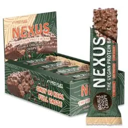 Produktbild: Protein Riegel Vegan DOUBLE CHOCO CRISPY 12x NEXUS Protein Bar - unglaublich lecker & cremig - 30% Protein - nur 99 kcal - ohne Zucker-Zusatz - high Fiber - perfekt als Snack - 12x30g