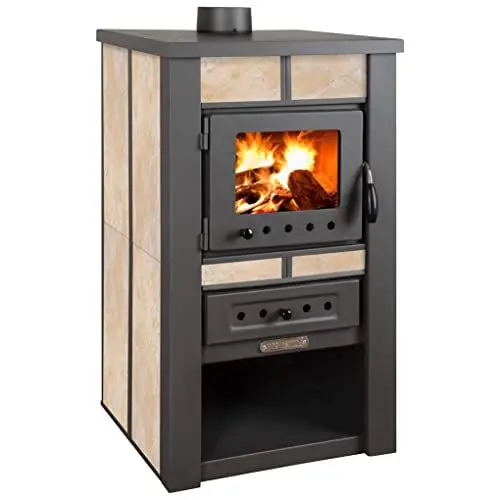 Produktbild: ProTermo Alpina Ceramic Beige Kaminofen mit Schamottstein - 8 kW Heizleistung - 50 x 48 x 82 cm Holzofen mit Sichtfenster, Bauart 1