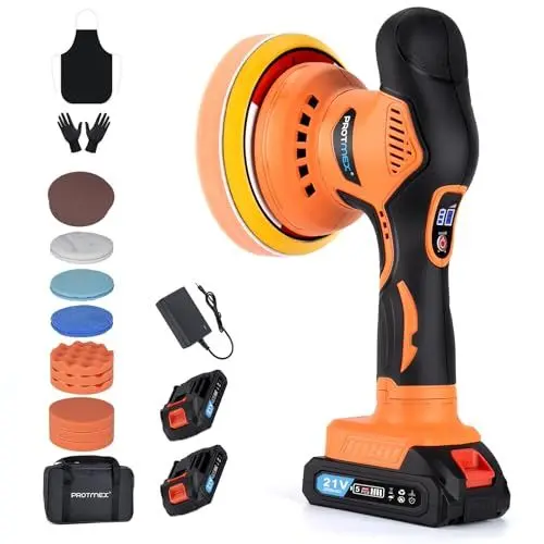 Produktbild: Protmex Poliermaschine Auto Akku - 6 Variable Geschwindigkeit Auto Politur Set 2800-5500RPM 21 PCS Aufsätze, 2 x 21 V 1,5 Ah Akku Poliermaschine für Auto Autopflege Polieren Wachsen Kratzerentfernung