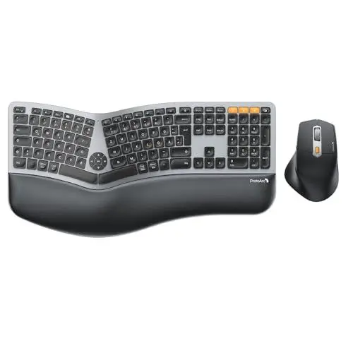 Produktbild: ProtoArc EKM01 Plus Tastatur Maus Set Kabellos Ergonomisch, Full Size Ergo Bluetooth Funkastatur mit Maus, Wireless Keyboard Split Design, Handgelenkauflage, Multi-Device, für Windows/Mac/Android