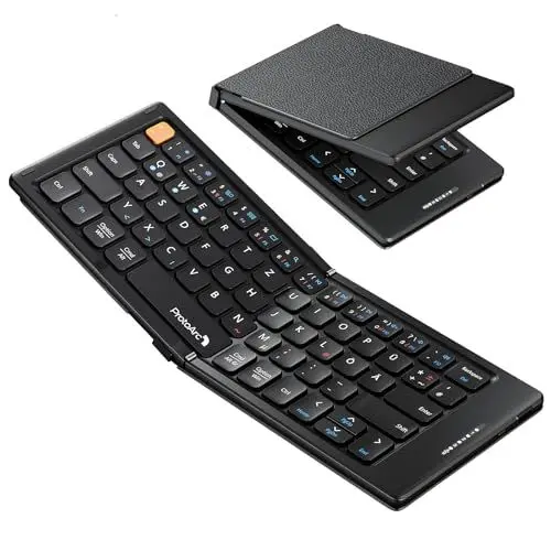 Produktbild: ProtoArc Faltbare Kompakte Tastatur QWERTZ, XK04 Tragbare Bluetooth-Tastatur mit PU-Lederhülle, Kabellose Mini Reise Tastatur für iPad, iPhone, Smartphone, Tablet und Laptop - Schwarz