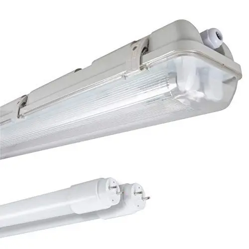 Produktbild: proventa Feuchtraumleuchte mit LED-Röhre, 150 cm, 2x 16,5 W mit 6.120 Lumen, 4.000 K, IP65, 50.000 Stunden, Edelstahlklammern, IK08, Kunststoff grau, Flackerfrei