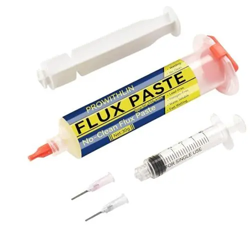 Produktbild: prowithlin Flussmittel Löten, 2 Stück Lötpaste mit 2 Nadeln, 1 Drücker & 1 Spritze - 60g No Clean Lötzinn mit Flussmittel ür BGA/IC/CPU/PCB/SMD (1 Pack)