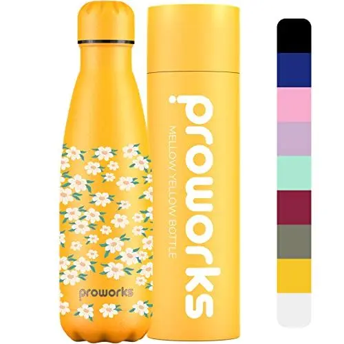 Produktbild: PROWORKS Thermosflasche, BPA-frei, wiederverwendbar, hält warm und kalt, bis zu 24 Stunden, Sport, Fitnessstudio, Reisen, 500 ml – weiches Gelb – kleine Blumen