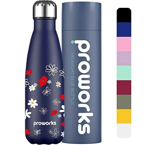 Produktbild: Proworks Edelstahl Trinkflasche | 24 Std. Kalt und 12 Std. Heiß - Premium Vakuum Wasserflasche - Isolierflasche für Sport, Laufen, Fahrrad, Yoga, Wandern und Camping - 500ml - Blau - Margerite