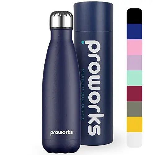 Produktbild: Proworks Edelstahl Trinkflasche | 24 Std. Kalt und 12 Std. Heiß - Premium Vakuum Wasserflasche - Isolierflasche für Sport, Laufen, Yoga, Wandern und Camping - 1 Liter - Mitternachtsblau