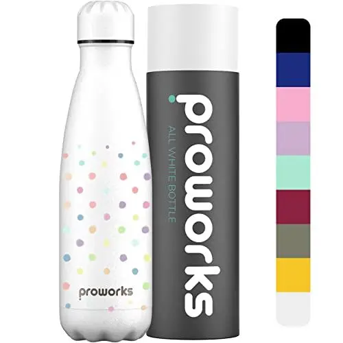 Produktbild: Proworks Edelstahl Trinkflasche | 24 Std. Kalt und 12 Std. Heiß - Premium Vakuum Wasserflasche - Isolierflasche für Sport, Laufen, Yoga, Wandern und Camping - 500ml - Weiß - gepunktet