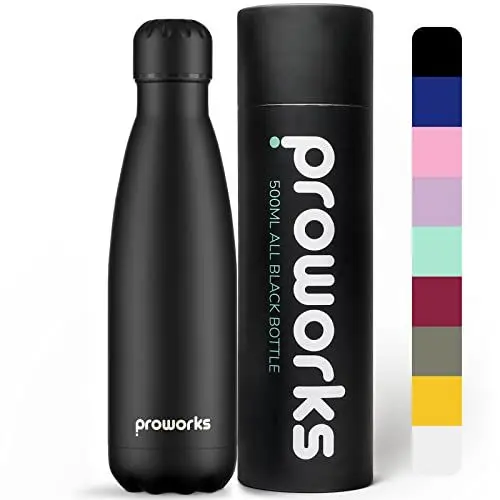 Produktbild: Proworks Edelstahl Trinkflasche | 24 Std. Kalt und 12 Std. Heiß - Premium Vakuum Wasserflasche - Perfekte Isolierflasche für Sport, Laufen, Fahrrad, Yoga, Wandern und Camping - 500ml - Ganz Schwarz