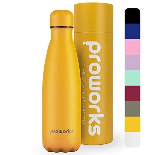 Produktbild: Proworks Edelstahl Trinkflasche | 24 Std. Kalt und 12 Std. Heiß - Premium Vakuum Wasserflasche - Perfekte Isolierflasche für Sport, Laufen, Fahrrad, Yoga, Wandern und Camping - 1 Liter - Mellow Yellow