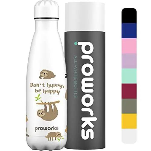 Produktbild: Proworks Edelstahl Trinkflasche | 24 Std. Kalt und 12 Std. Heiß - Vakuum Wasserflasche - Isolierflasche für Sport, Laufen, Fahrrad, Yoga, Wandern und Camping - 750ml - Weiß - Faultier
