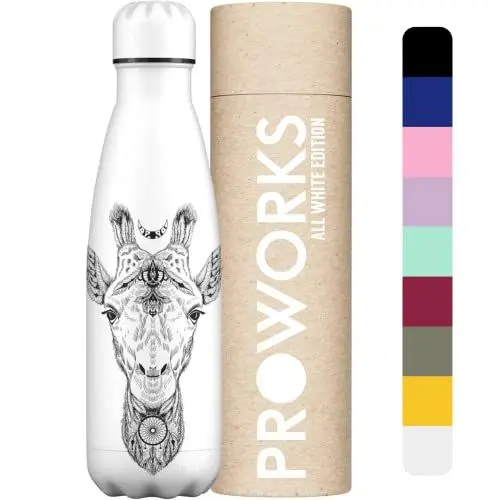 Produktbild: Proworks Edelstahl Trinkflasche | 24 Std. Kalt und 12 Std. Heiß - Vakuum Wasserflasche - Isolierflasche für Sport, Laufen, Fahrrad, Yoga und Camping - 1 Liter - Alles weiß - Giraffe Azteken