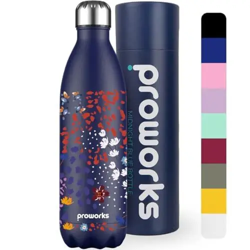 Produktbild: Proworks Gen 2 Edelstahl-Wasserflasche mit Strohhalm 1L 24 Stunden kalt 12 Stunden heiße Getränke auslaufsicher Metall-Isolierflasche Arbeit Fitnessstudio Reisen - Mitternachtsblau - Verzaubert