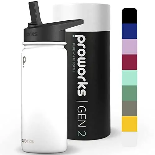 Produktbild: Proworks Gen 2 Edelstahl-Wasserflasche mit Strohhalm 1L 24 Stunden kalt 12 Stunden heiße Getränke auslaufsicher Metall-Isolierflasche Arbeit Fitnessstudio Reisen – Reines Weiß