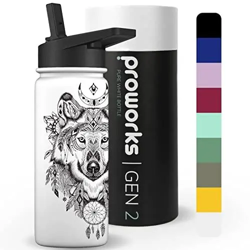 Produktbild: Proworks Gen 2 Edelstahl-Wasserflasche mit Strohhalm 1L 24 Stunden kalt 12 Stunden, heiße Getränke, auslaufsicher Metall-Isolierflasche Arbeit Fitnessstudio Reisen – Reines Weiß - Wolf Azteken
