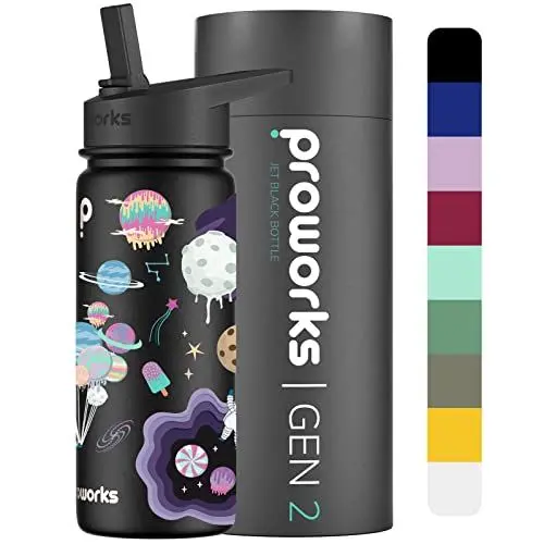 Produktbild: Proworks Gen 2 Edelstahl-Wasserflasche mit Strohhalm 540ml 24 Stunden kalt 12 Stunden heiße Getränke auslaufsicher Metall-Isolierflasche Arbeit Fitnessstudio Reisen - Pechschwarz - Süßer Raum