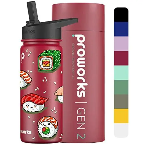 Produktbild: Proworks Gen 2 Edelstahl- Wasserflasche mit Strohhalm 1L 24 Stunden kalt 12 Stunden, heiße Getränke, auslaufsicher Metall-Isolierflasche Arbeit Reisen - Bio-Traube - Super-Sushi