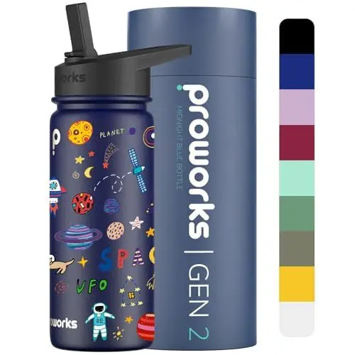 Produktbild: Proworks Gen 2 Edelstahl- Wasserflasche mit Strohhalm 1L 24 Stunden kalt 12 Stunden, heiße Getränke, auslaufsicher Metall-Isolierflasche Arbeit Reisen - Midnight Blue – Weltraumabenteuer