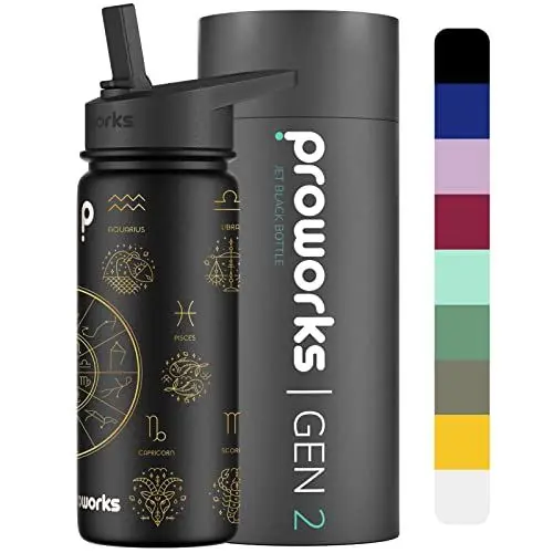 Produktbild: Proworks Gen 2 Trinkflasche Edelstahl mit Stroh 540ml Wasserflasche Metall 24 St en kalte 12 St en heiße Getränke Auslaufsichere Isolierflasche Arbeit Fitnessstudio Reisen Pechschwarz ZodiacSammlung