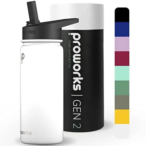 Produktbild: Proworks Gen 2 Trinkflasche Edelstahl mit Stroh | 540ml Wasserflasche Metall für 24 Stunden kalte und 12 Stunden heiße Getränke | Auslaufsichere Isolierflasche für Fitnessstudio & Reisen - Reines Weiß