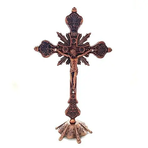 Produktbild: prtsftrb Kreuz-Ornament, Metall für Kreuzfigur, christliche katholische Statue, Kunstornament, katholisches Kreuz, Christuskirche, religiöses Ornament (antikes Rot)