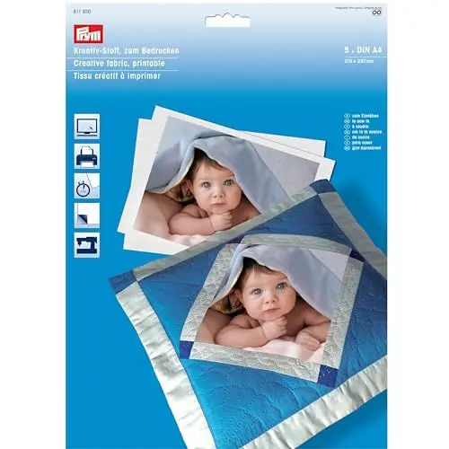 Produktbild: Prym 611930-Kreativ-Stoff zum Bedrucken, Baumwolle, weiß, 5 Bogen A4, 5