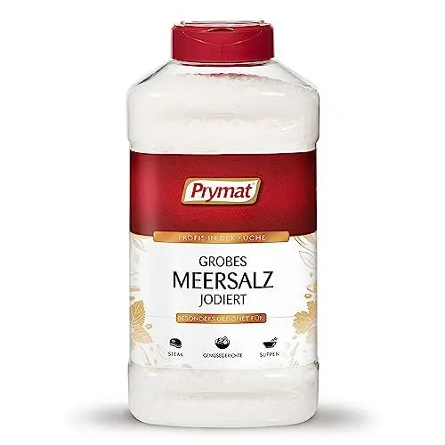 Produktbild: Prymat grobes Meersalz 1800g, jodiertes Meersalz grobkörnig, Salz für Mühle, Verfeinerung und Abschmeckung von Speisen, im Streuer