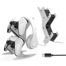 Produktbild: PS5 Controller Ladestation, Playstation 5 Ladegerät 2 Std Schnelllade LED für Sony Dualsense Controller Konsole, PS5 Charger Zubehör mit Controller Headset Halterung, Type-C Kabel mit EU Netzteil