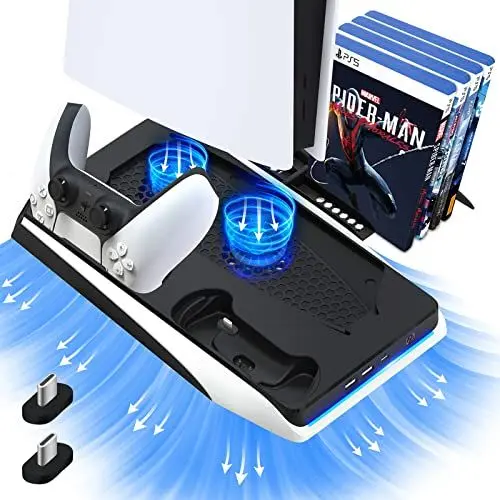 Produktbild: PS5 Ständer Zubehör mit Kühler Lüfter und Doppel Controller Ladegerät, Black Lading Dock Holder PS5 Ladestation Zubehör vertikale Digitale Standfuß für Playstation 5 Console/Disc/Digital Editions