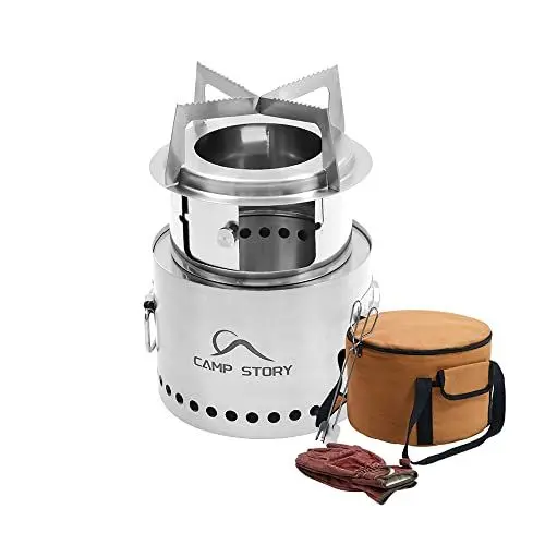 Produktbild: PSKOOK Feuerstelle im Freien Mehrzweck Portable Edelstahl Runde Afternurning Herd Weniger Rauch Feuerstelle Holz Lagerfeuerheizung Camping Picknick BBQ Mit Tragetasche (Ofen Set)