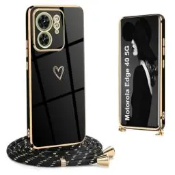 Produktbild: Ptny Hülle kompatibel mit Motorola Edge 40 5G Hülle mit Band, Galvanik Silikon Ultra Dünn Stoßfeste Handyhülle mit Einstellbar Handykette für Motorola Edge 40 5G Case, Schwarz