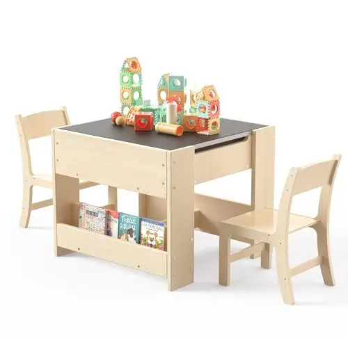Produktbild: Puecrof 4-in-1 Kinderschreibtisch mit 2 Stühlen – Aktivitätstisch aus Birkenholz mit umkehrbarer Whiteboard- und Kreidetafel, 3 Aufbewahrungsfächern für Kinder zum Malen, Lesen und Basteln(1-4 Jahre)