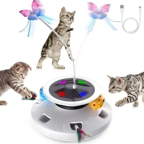 Produktbild: PUHOHUN 3 in 1 Elektrisches Katzenspielzeug Interaktiv, Automatisch Mit 2 Aufsätzen: Schmetterling Und Feder, Für Drinnen