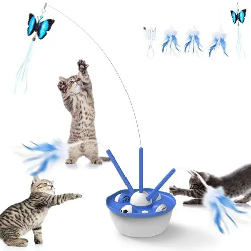 Produktbild: PUHOHUN Interaktives Katzenspielzeug, Elektronisches Katzenspielzeug, Rotierendes Tablett Katzenspielzeug USB Aufladbar, Katze Schmetterling Spielzeug mit Federn und Zauberstab