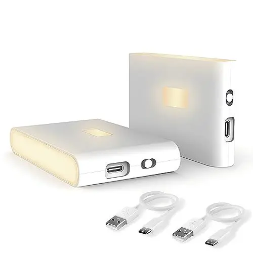 Produktbild: Puhui LED Nachtlicht mit Bewegungsmelder, (2 Stück) Aufladbar USB Nachtlicht Kinder mit 3 Modi (Auto/ON/OFF), 2700K Warmweiß Nachtlampe für Schlafzimmer,Treppenhaus, Badezimmer, Schrankbe, Flur
