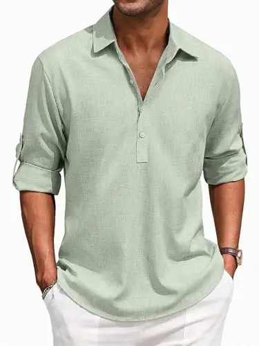Produktbild: Puimentiua Leinenhemd Herren,Langarm Leinen Hemden,Loose Fit Sommerhemd,Leichte Sommer Hemd mit Knöpfe (Grün,XL)