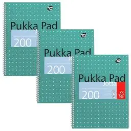 Produktbild: Pukka Pad, A4+ Metallic Jotta notizbuch 3er Pack – 22,5 x 29,6cm - Spiral Notizbuch mit 8mm Liniert und 80GSM Papier - mit 4-Loch-Stanzrändern und perforierten Kanten - 200 Seiten, Grün