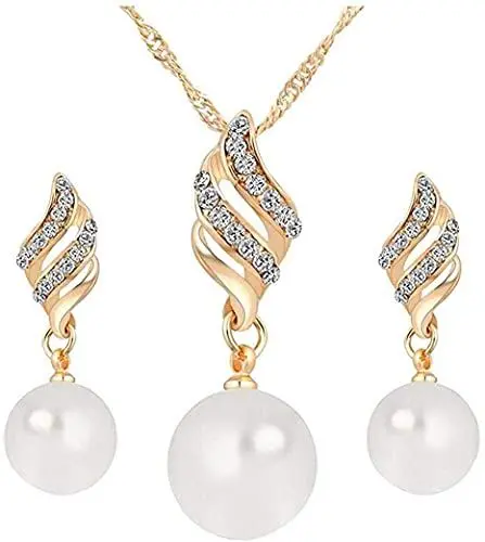 Produktbild: PULABO 3Pcs / Set Frauen Halskette Ohrringe Set Klassische Hochzeit Vergoldet Platin Überzogene Perle Schmuck Set Schraube Halskette Ohrringe Gold Schmuck Set bequem