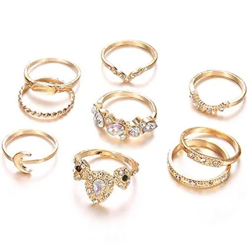 Produktbild: PULABO 9 Teile/satz Böhmen Antik Gold Farbe Krone Mond Herz Geschnitzte Ringe Set Für Frauen Zuverlässig bequem